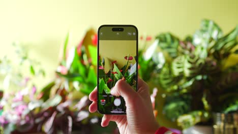 hand holding up smartphone whilst zooming into photo of green floral plants in background