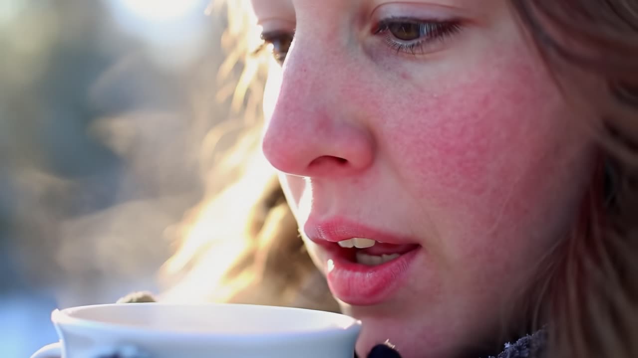 mujer disfrutando de una bebida caliente al aire libre en invierno