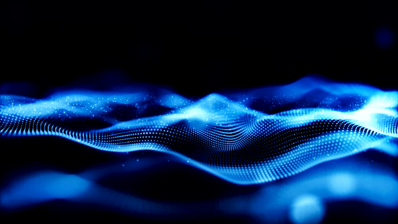 Abstract blue color digital particles wave with dust and light motion background