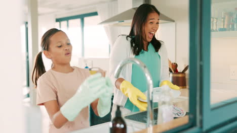 Mom,-girl-and-washing-dishes-in-kitchen