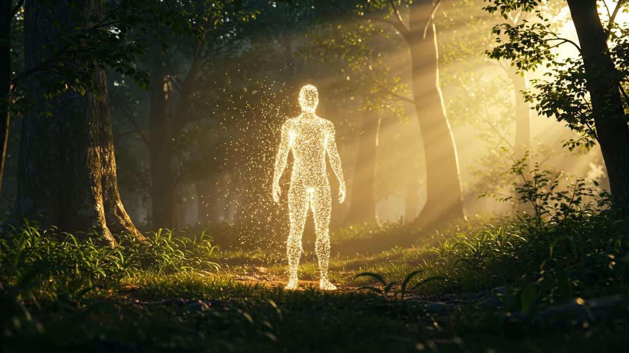 A shimmering figure gracefully stands amidst a sunlit forest, enveloped by vibrant greenery and a gentle layer of soft mist