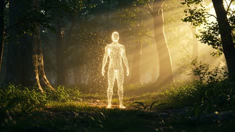 a shimmering figure gracefully stands amidst a sunlit forest, enveloped by vibrant greenery and a gentle layer of soft mist