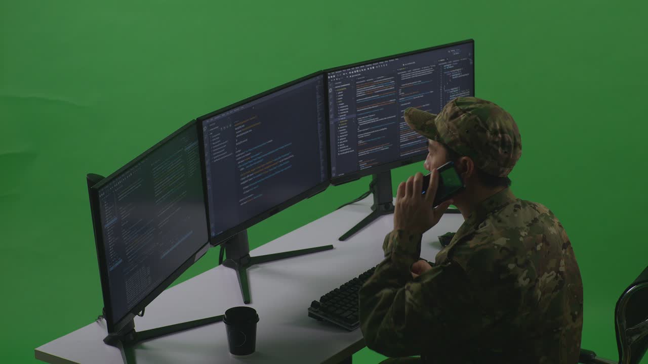 Side View Of Asian Man Soldier Developer Talking On Mobile Phone While Write Code With Multiple Computer Screens In Green Screen Studio