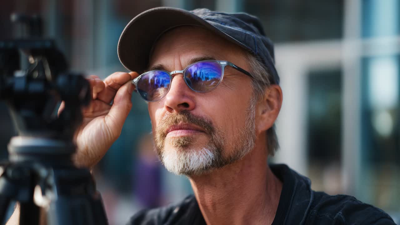 Koncentration og fokus: En kunstner fanger øjeblikke og justerer sine briller, mens han venter på det perfekte skud med sit kamera på et stativ, hvilket fremhæver dybden af passion inden for fotografi.