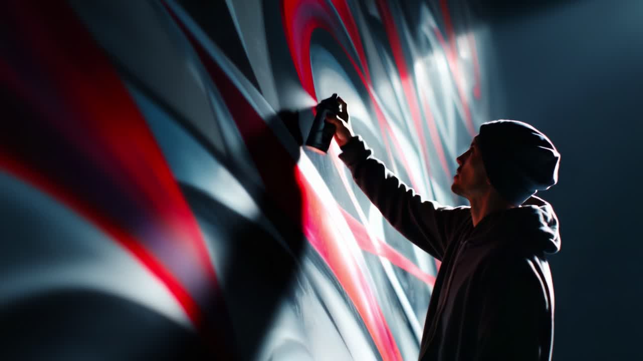 An artist skillfully creates vibrant graffiti artwork on a wall, showcasing intricate designs and vivid colors as spray paint brings the mural to life in a dynamic urban environment