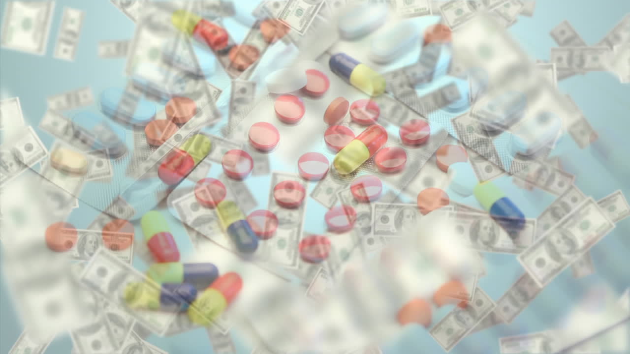 ⁇ 색 배경에 놓인 다른 알약 위에 떠 있는 지폐의 애니메이션