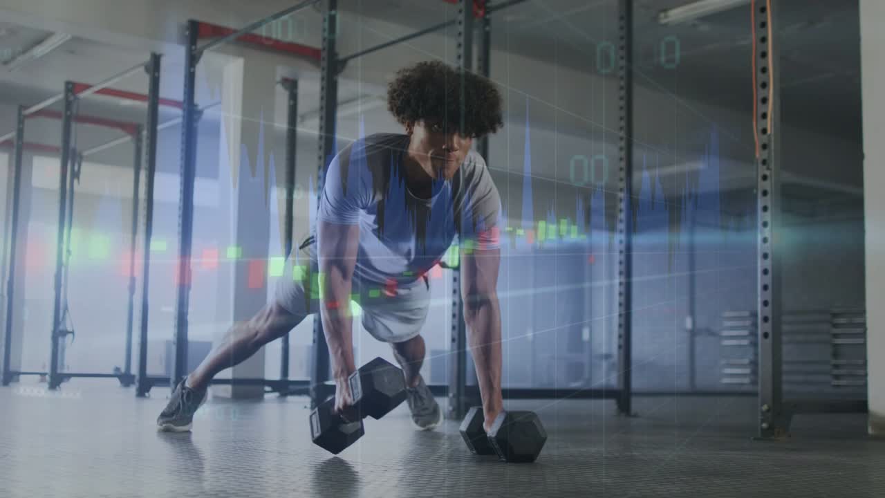Man starting row from plank, switching dumbbell sides in gym fitness wave overlay moving over him