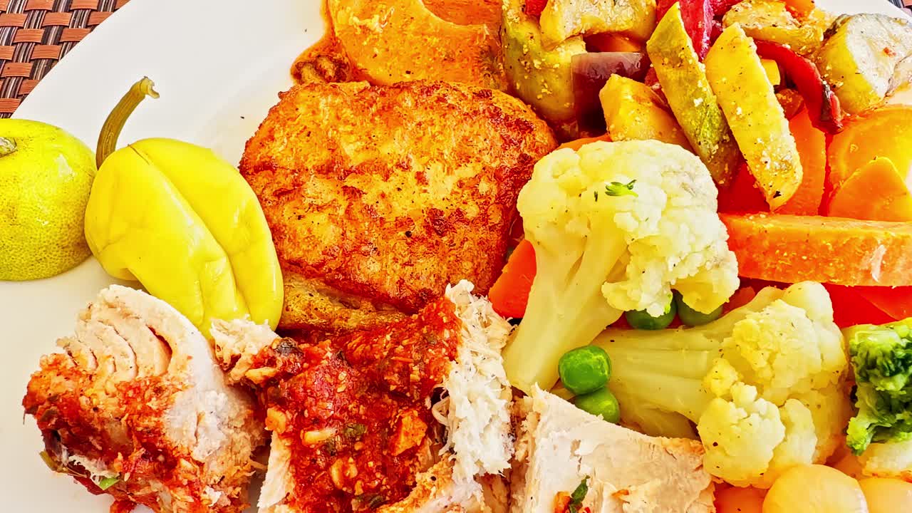 Egypsian Dish featuring grilled chicken, pickled vegetables, patties, and peppers served on a white plate