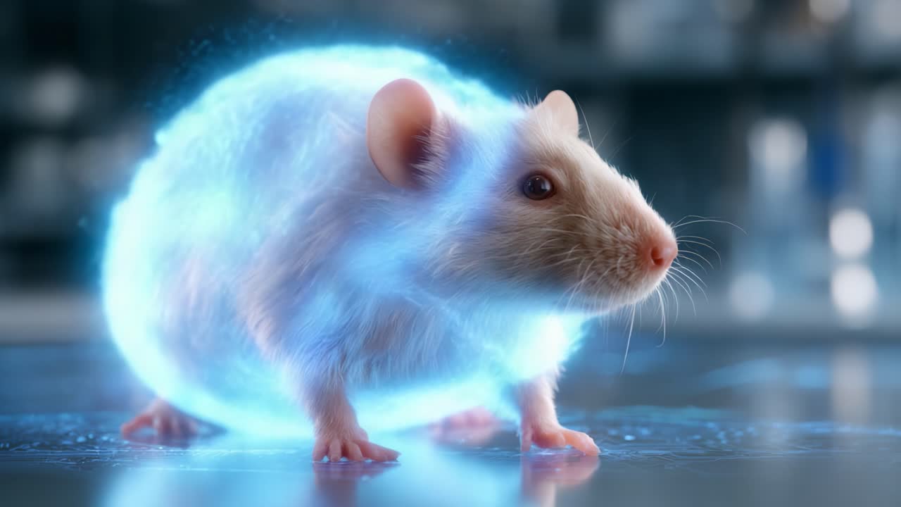Un'esplorazione futuristica di un piccolo roditore racchiuso in una vibrante sfera energetica, che mostra tecnologia avanzata e immaginazione nella vita animale.
