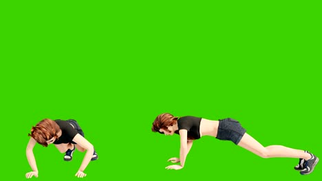 una joven hermosa está involucrada en ejercicios deportivos. animación en 3d de concepto de bienestar en bucle frente a la pantalla verde.