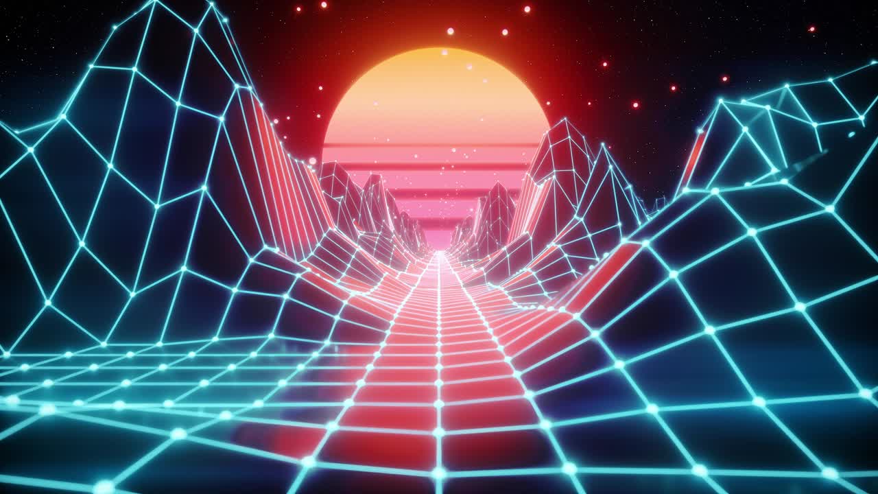 vuelo retro futurista en el espacio con una malla poligonal en las colinas y el piso generados. concepto 80s 90s. fantástico fondo de neón abstracto. bucle sin costuras 3d render