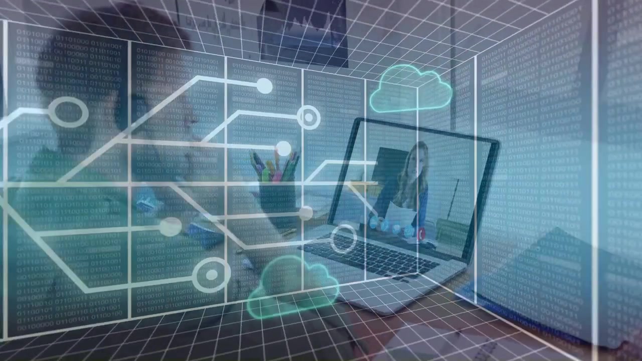 Desk user hand tapping phone, reaching laptop, activating grid and cloud icons for remote work