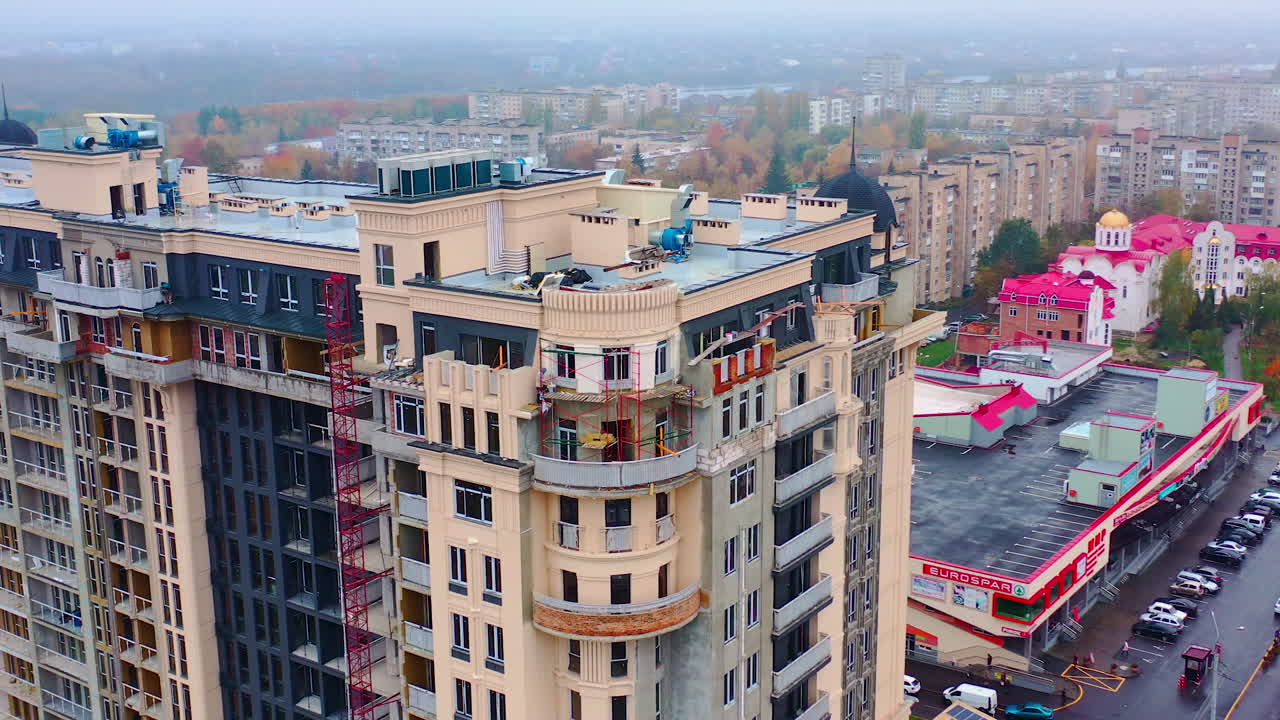 Modern residential buildings in city. Aerial view of modern complex of apartment buildings
