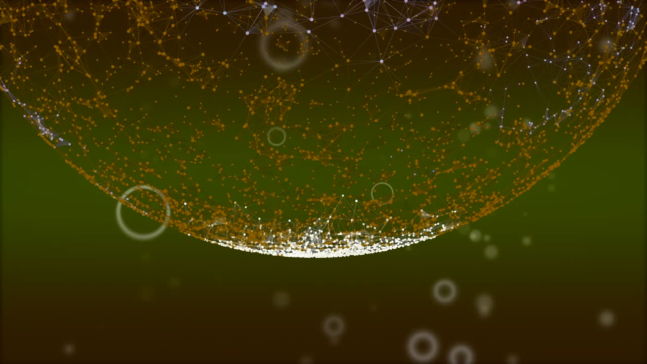 4k 원형 사이버 애니메이션은 복합 격자에서 절단 된 지구에서 떨어지는 보케 입자의 순환입니다.