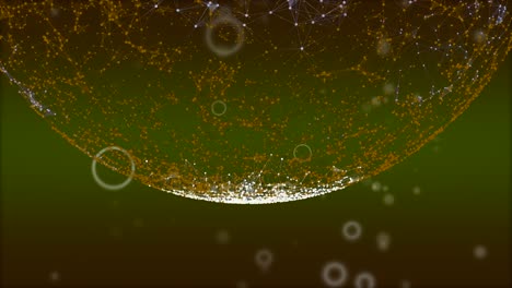 4k circular cyber animation of a falling down bokeh particles out of cropped globe in plexus grid.