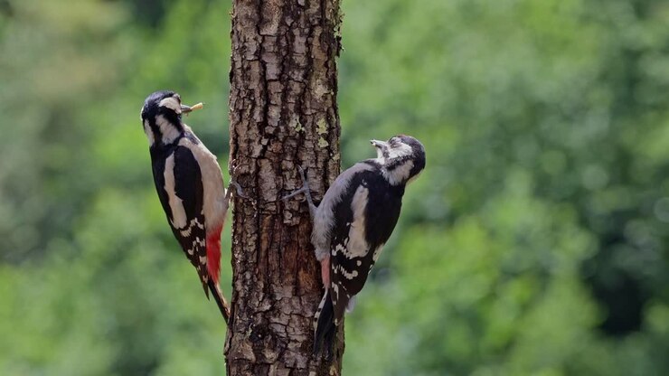 Adorable Dendrocopos major birds sitting on tree trunk in nature