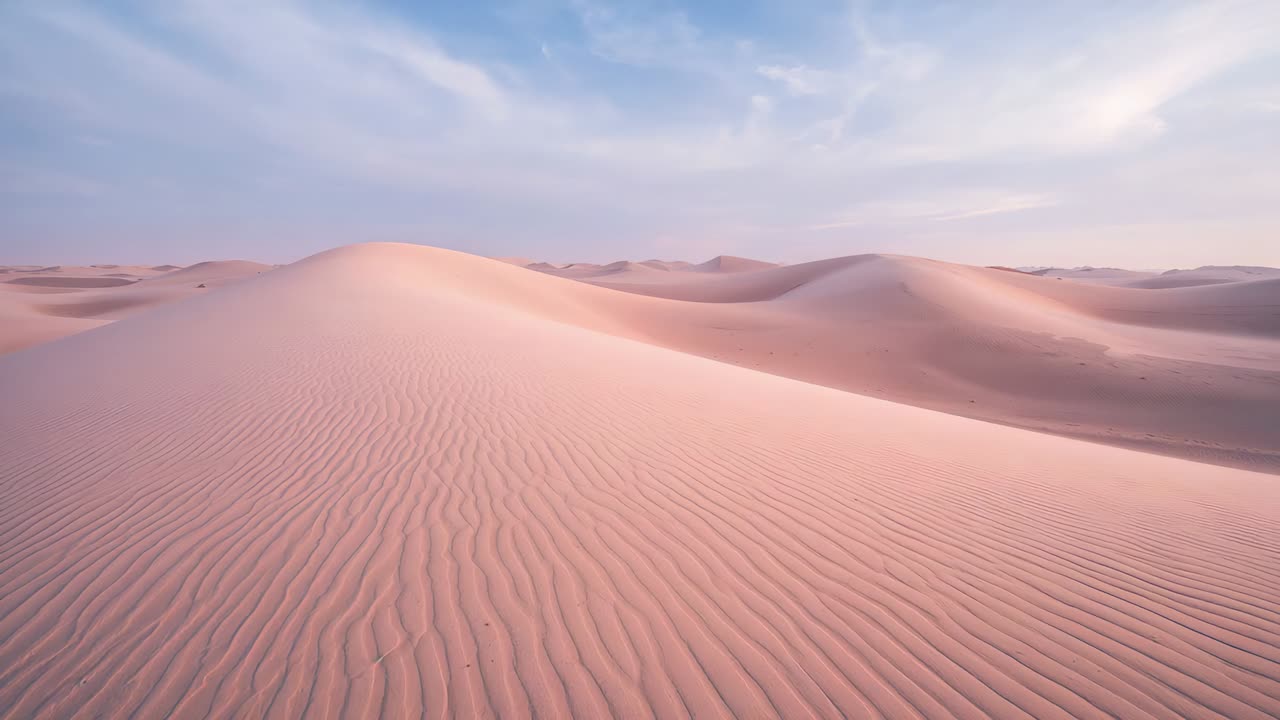 Movimento lento della camera che rivela una duna di sabbia centrale nel deserto, per una visione più ravvicinata della texture delle increspature