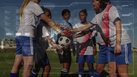 animation of data processing with globe over diverse football players