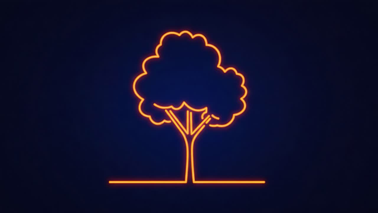 Stylized Tree Illustration: A Minimalist Approach Featuring a Vibrant Neon Outline Against a Dark Background, Rendered in a Clean and Modern Aesthetic