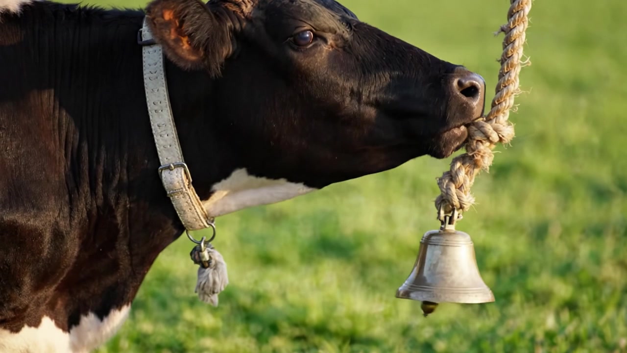 A Close-Up of a Black and White Cow with a Bell Hanging Nearby on a Bright Green Pasture, Capturing the Serenity of Farm Life in Nature