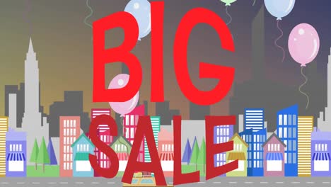 animation of big sale text banner and balloons floating against cityscape in seamless pattern