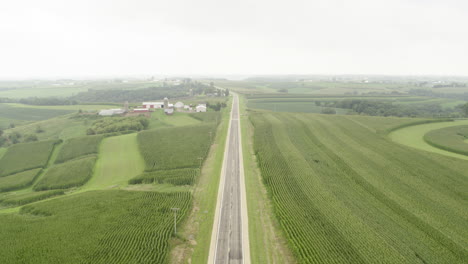 aerial, single road in rural agricultural farm field countryside on overcast day