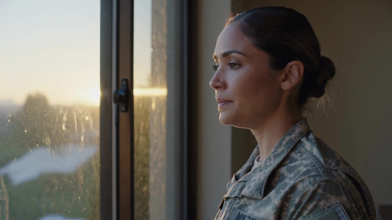 Standing military member watching sun near horizon at window, uniform patches showing, copy space
