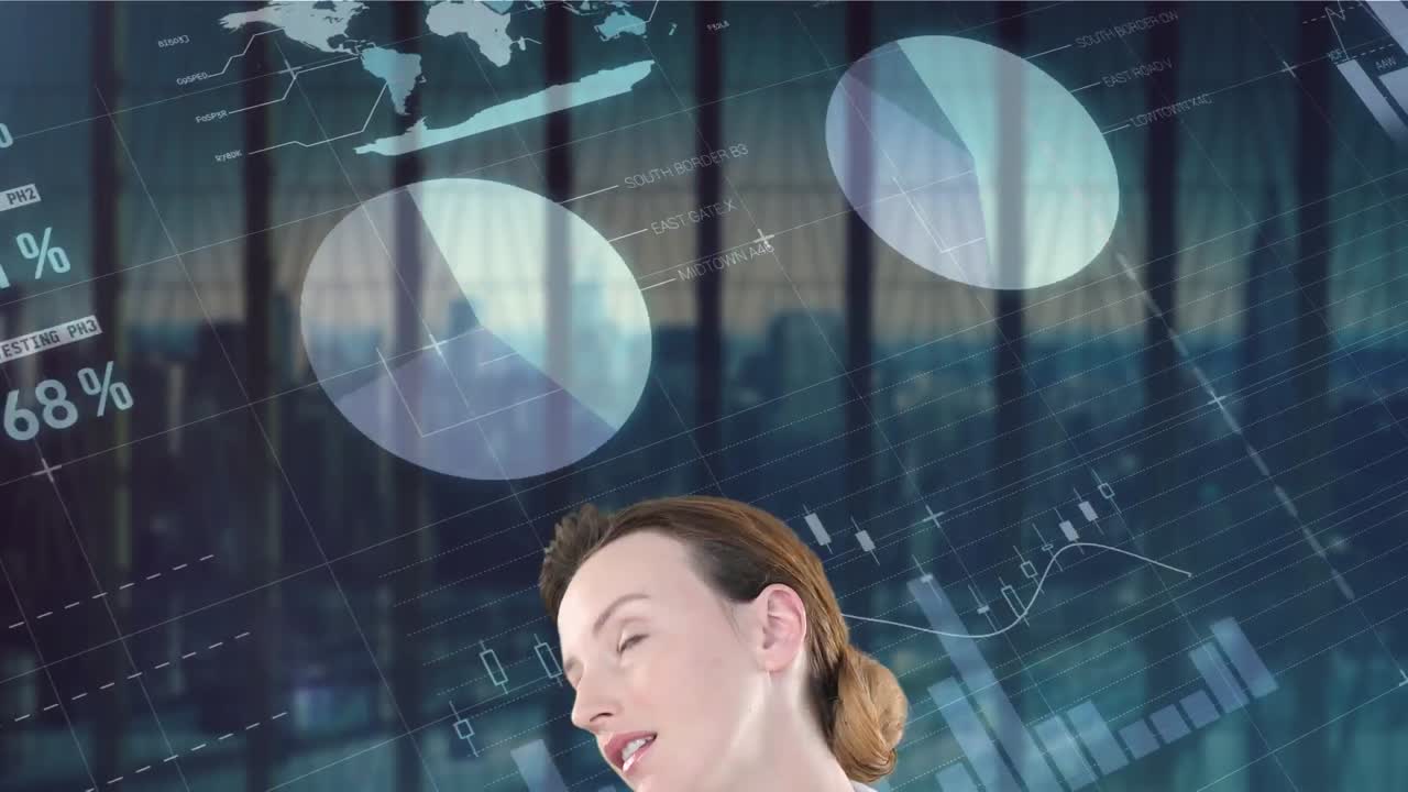 다양한 그래프와 데이터가 있는 화면을 통해 백인 사업가의 머리의 애니메이션