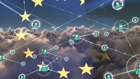 Network-of-profile-icons-over-waving-eu-flag-against-clouds-in-the-sky