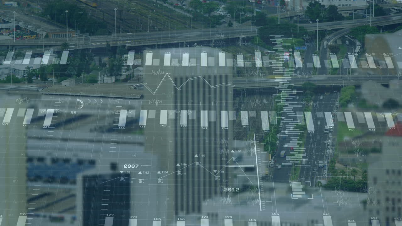 Animation of financial data processing over cityscape