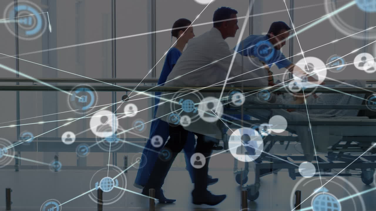 병원에서 실행되는 다양한 의사들에 대한 아이콘과 연결 네트워크의 애니메이션