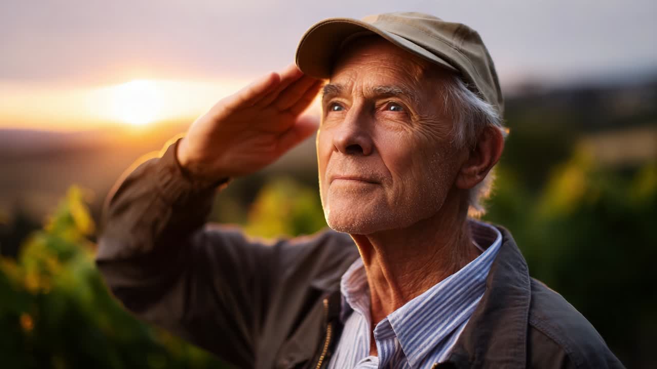 A Reflective Moment at Sunset: An Elderly Man in a Cap Saluting with Pride and Gratitude, Gazing into the Distant Horizon Surrounded by Lush Vines and the Warm Glow of Sunset in a Serene Landscape