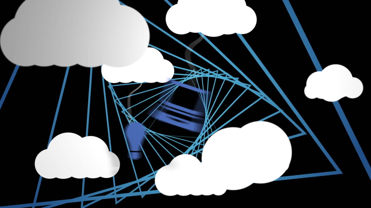 animación de nubes con iconos sobre triángulos de neón