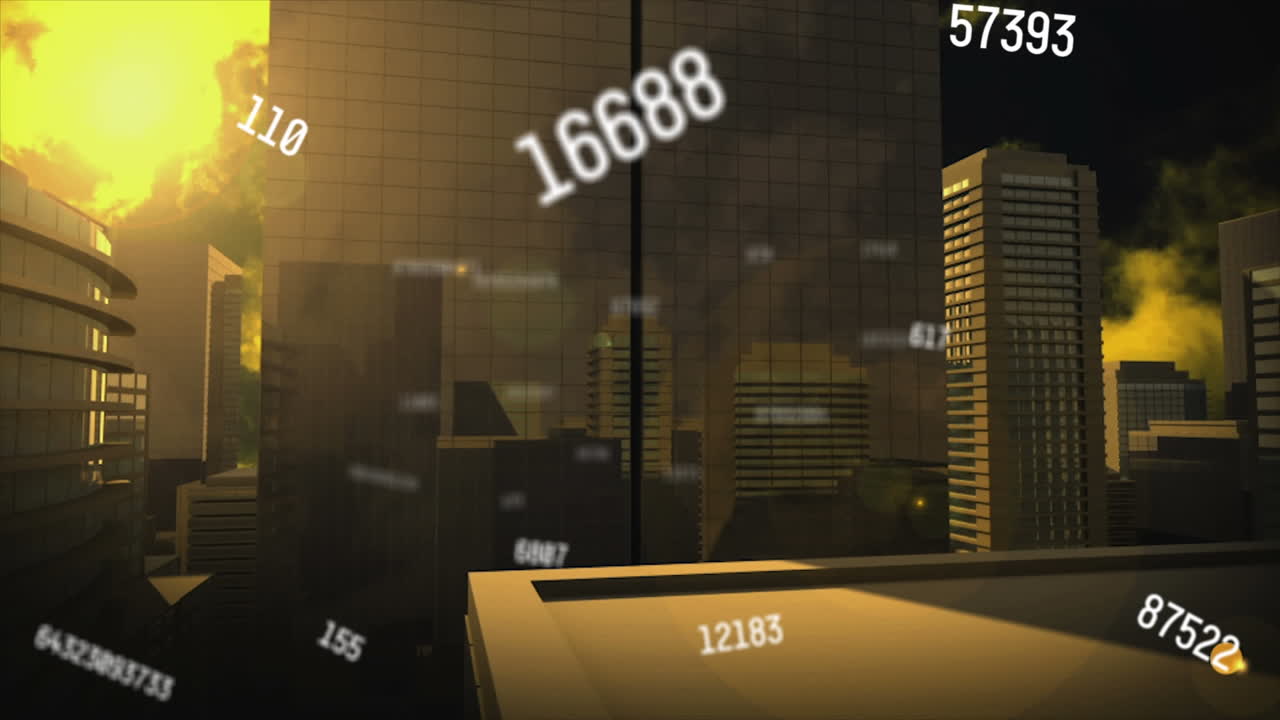 태양과 구름이 가득한 하늘에 대한 건물의 공중 시야에서 여러 숫자의 애니메이션