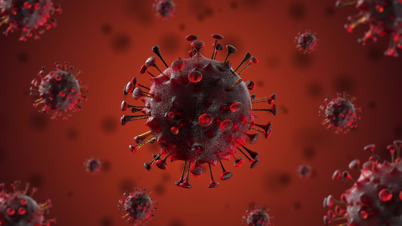 Animazione in loop: Coronavirus con molte cellule in volo su sfondo microbiologico e rendering 3D.