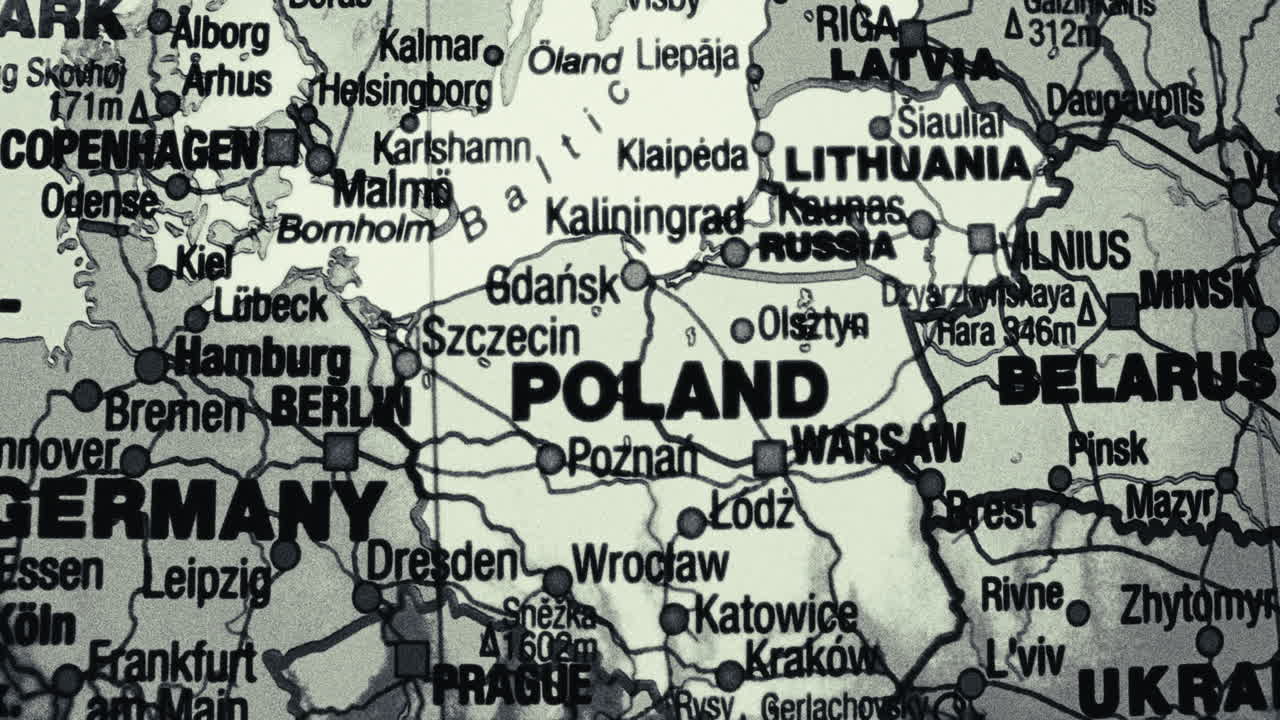 Close-up of a grayscale map showing Poland and surrounding Central and Eastern European countries
