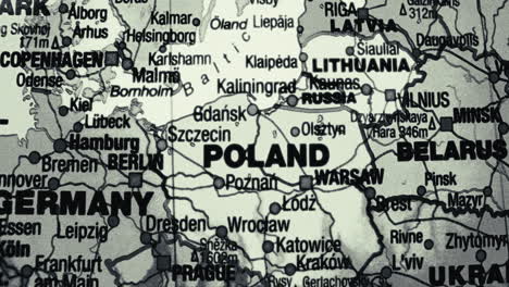 close-up of a grayscale map showing poland and surrounding central and eastern european countries