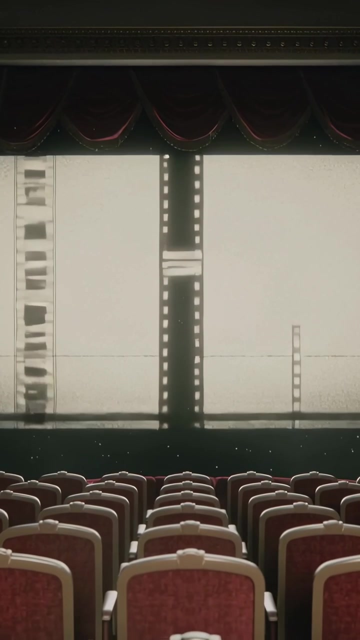 Vertical video: Starting projector casting filmstrip across screen for screening showing red seats