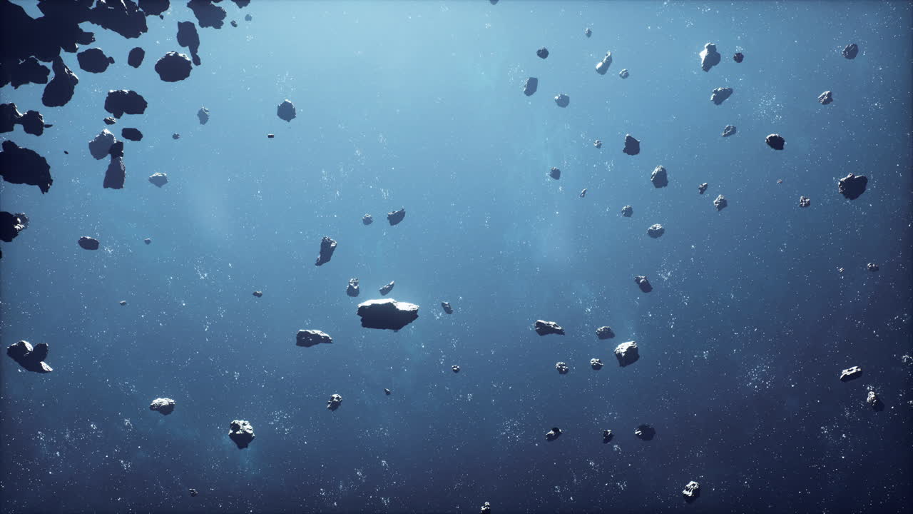 vuelo cinematográfico a través del oscuro campo de asteroides del espacio profundo con estrellas