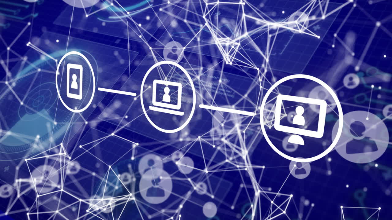 animación de iconos de medios sobre el procesamiento de datos en fondo azul