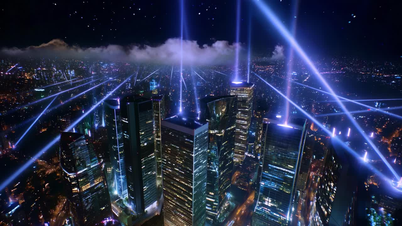 A Stunning Nighttime Skyline Illuminated by Futuristic Laser Beams and Bright City Lights, Showcasing a Vibrant Urban Landscape with Skyscrapers Reaching Toward the Starry Sky, Creating a Magical Atmosphere