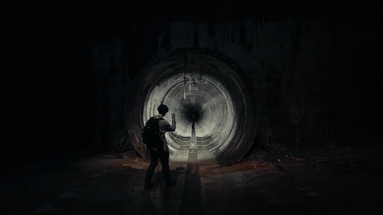 Un uomo con una torcia entra in un tunnel di cemento buio e abbandonato