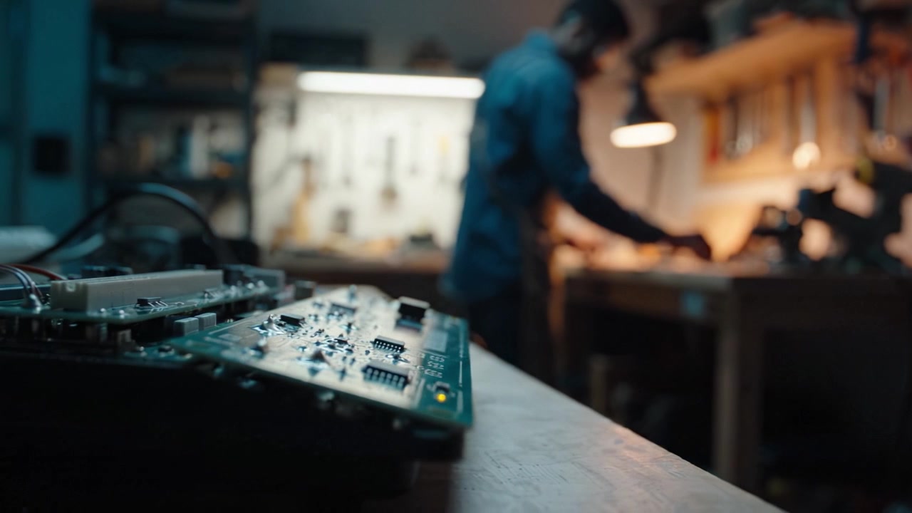 Exploring the Intricacies of Electronics in a Workshop: Crafting and Repairing Circuit Boards with Precision and Skill Amidst Tools and Workstations