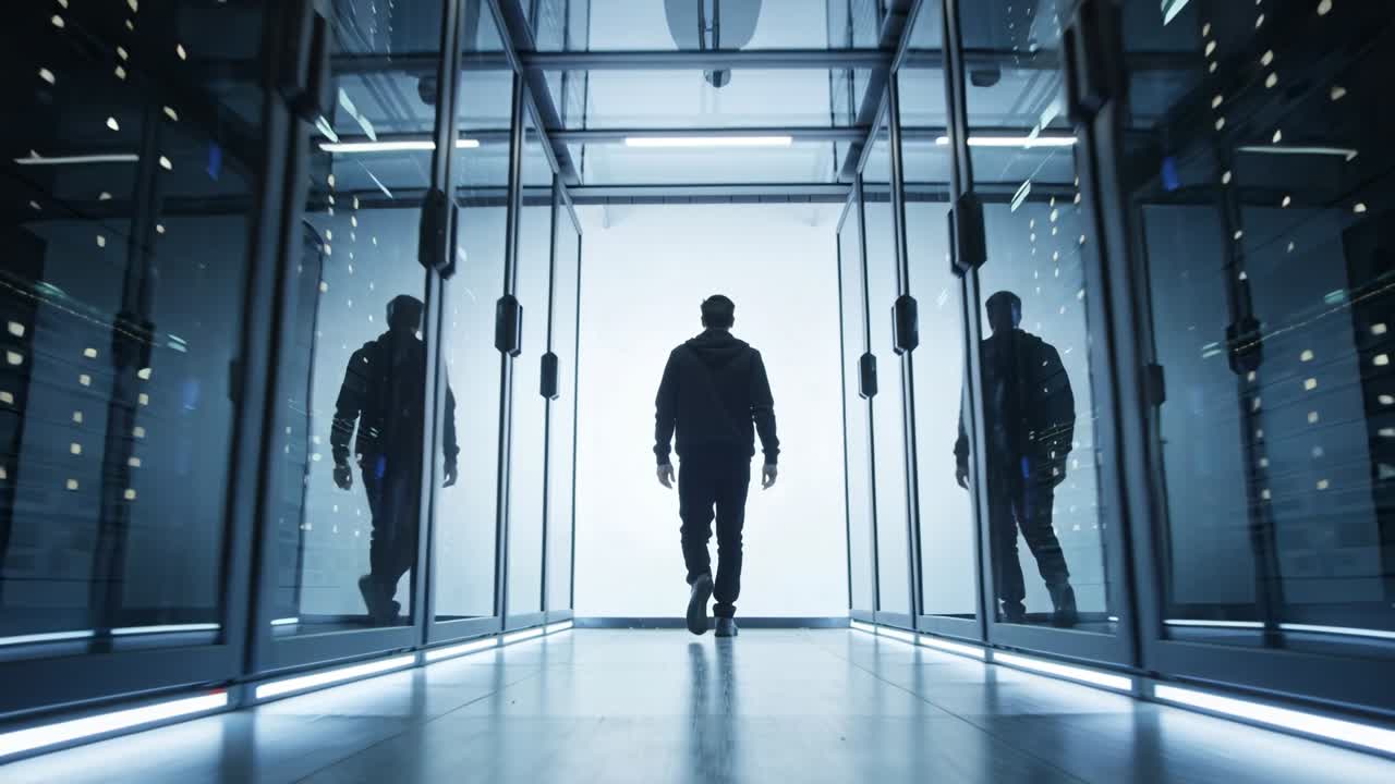 Walking tech in dark hoodie past server racks in glass corridor, drawn toward bright doorway exit
