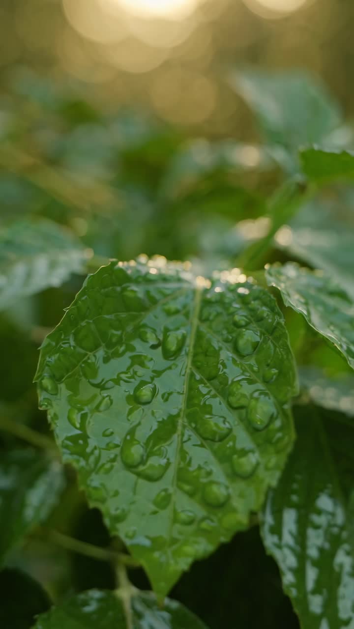 Close-up video of a leaf with water droplets, captured at eye level