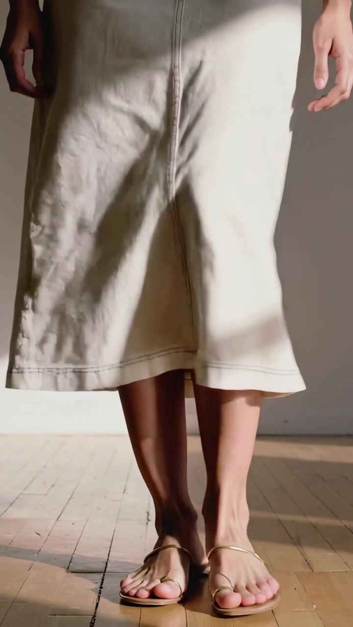 Video verticale: Donna che cammina, avanzando dal bordo dell'inquadratura su un pavimento da studio, mostrando una gonna midi.