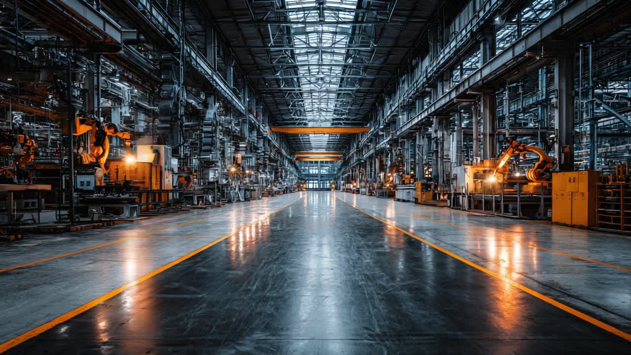 A Glimpse into a High-Tech Industrial Facility: Advanced Robotic Arms and Productive Workflow Captured in an Engaging Video Frame Sequence