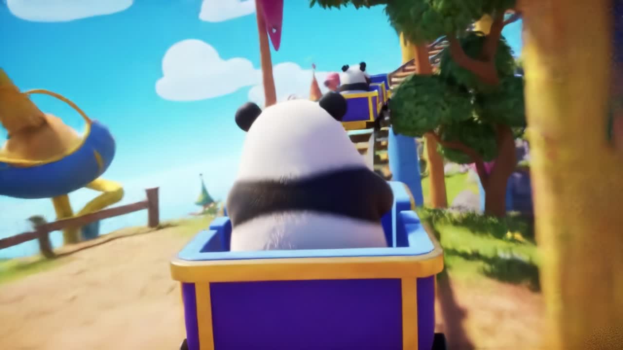 A Fun-filled Adventure with Playful Pandas Riding a Colorful Roller Coaster through a Vibrant Amusement Park Setting, Surrounded by Lush Greenery and Joyful Atmosphere