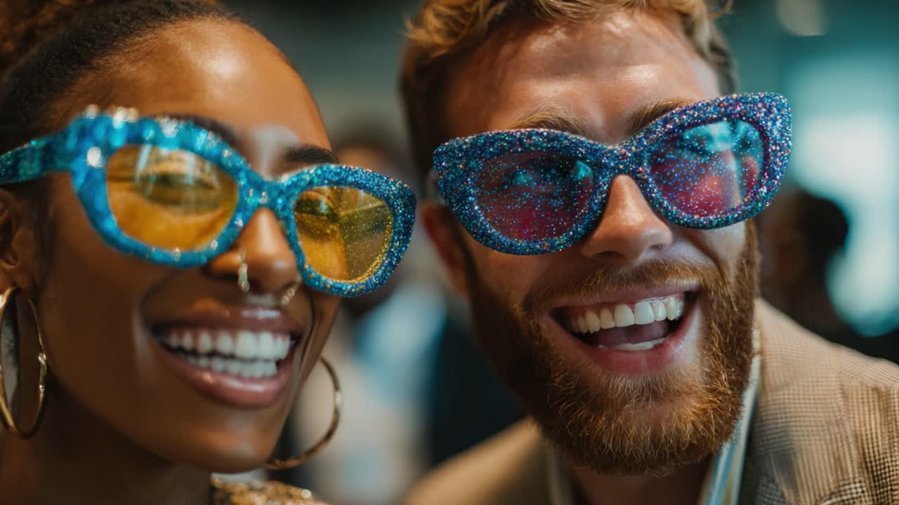 Joyful Moments Captured in a Glimmering Celebration: Two Friends Wearing Glittering Sunglasses Showcase Happiness and Style in a Fun Social Setting