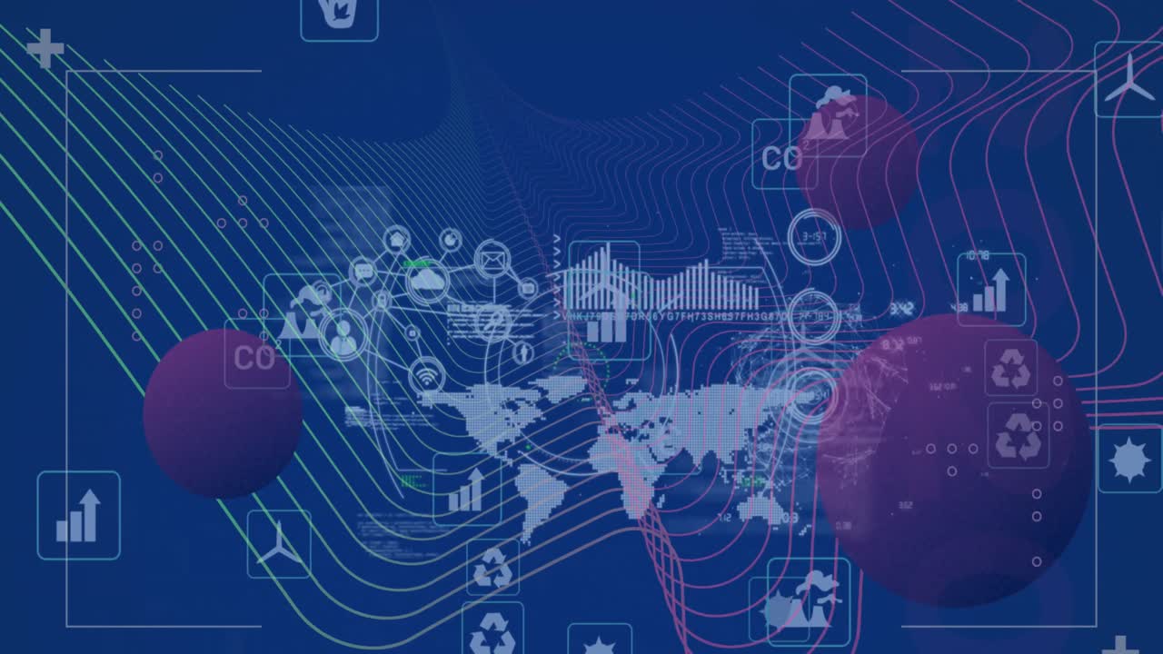 Animation of world map, scope scanning and data processing